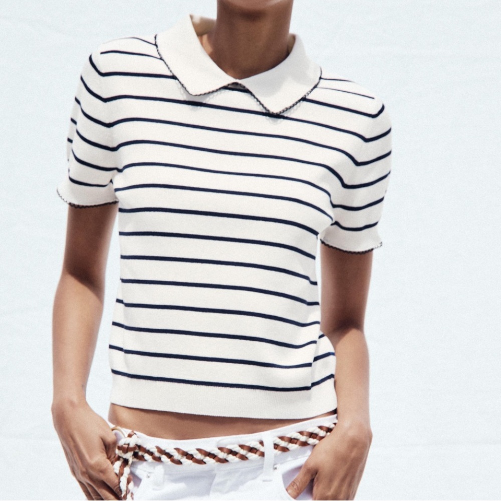 Tommy Hilfiger  Striped Short Sleeve Top White & Navy Nautical preppy collar